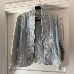 Vintage Chico's Light Blue Jean Jacket with White Floral Embroidery